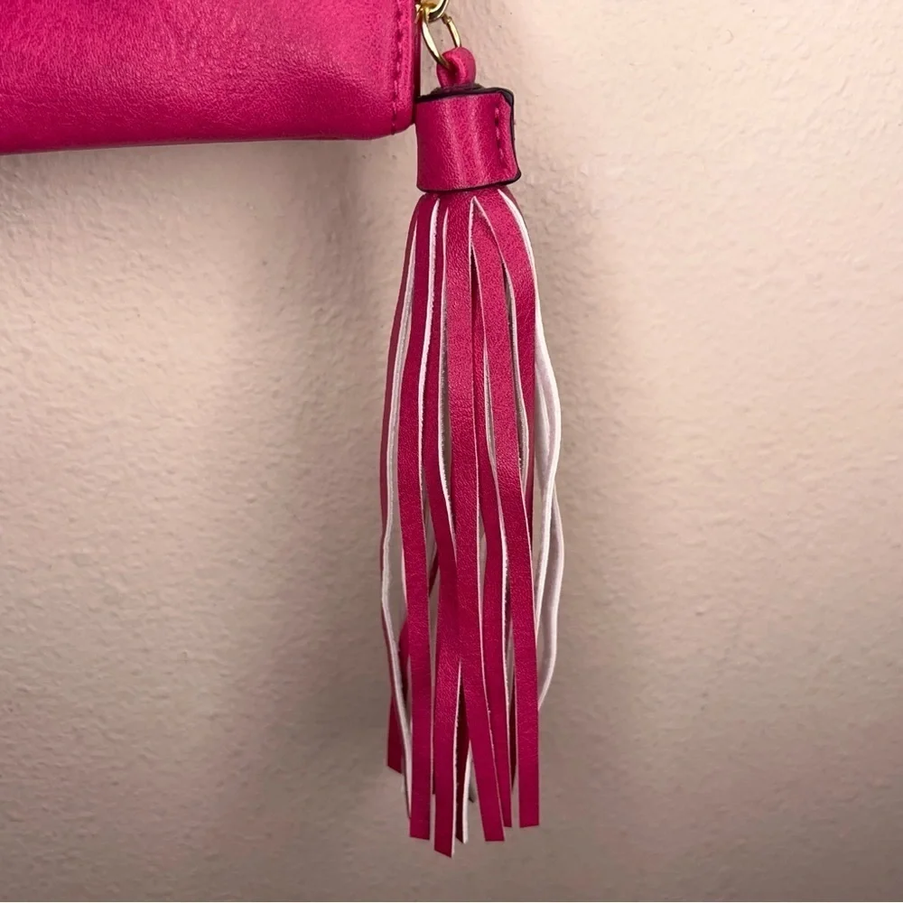 Fuchsia Pink Clutch Purse Tassel Faux Leather Bag Round Handle Zip Closure
